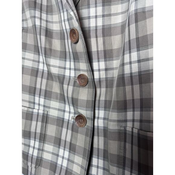 Talbots Women's Blazer Plaid Tan White Green Satin Size 8 3/4 Sleeve Cottagecore - Picture 4 of 10